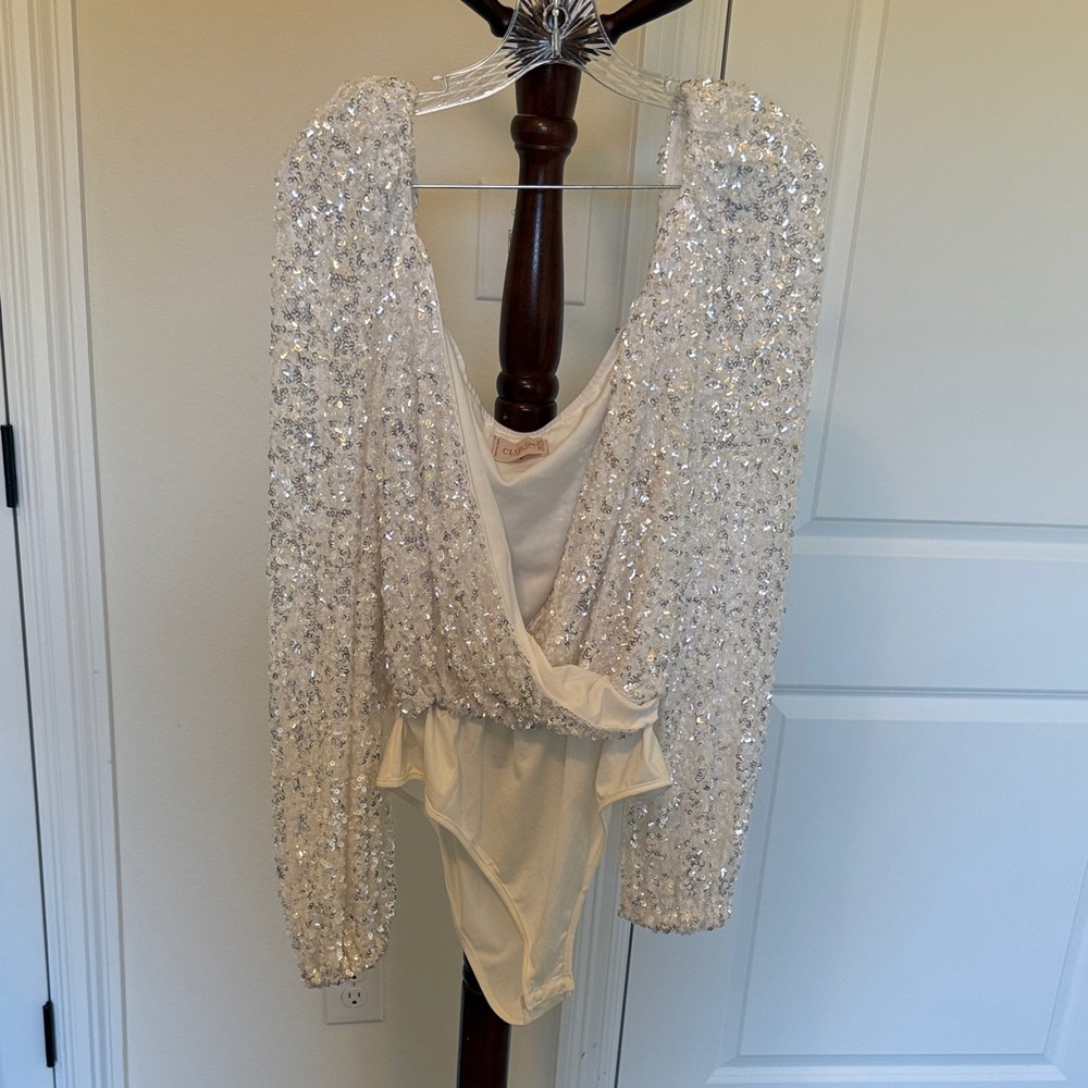 Club L London Sequin Bodysuit in Silver and Cream